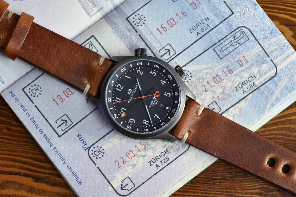 Oak & Oscar Sandford designer watch in black with a brown leather strap