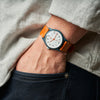 Oak & Oscar Batch No 2 on wrist with orange Horween leather strap