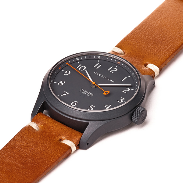 The Olsmsted Matte watch with a leather band
