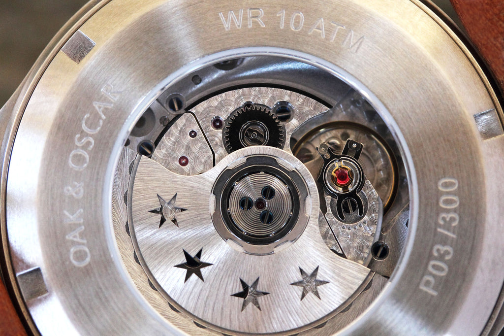 close up image of the back of Oak & Oscar's Burnham automatic watch