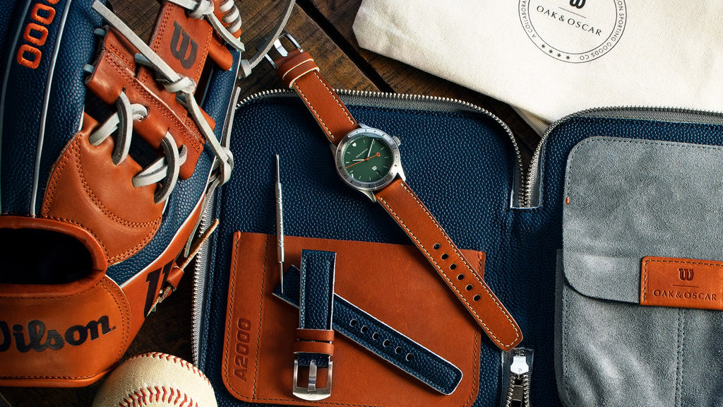 Oak & Oscar Ashland designer watch on top of an open leather watch wallet