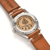 OAK & OSCAR FEW watch caseback with wood on leather strap with white background