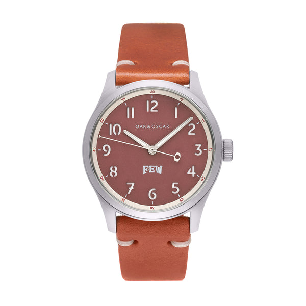 OAK & OSCAR FEW watch with dark salmon dial on leather strap with white background