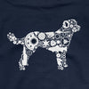 Close up of navy blue hoodie with a white mechanical dog design on a dark blue background