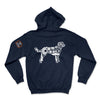 Navy blue hoodie with a white dog design on the back against a white background