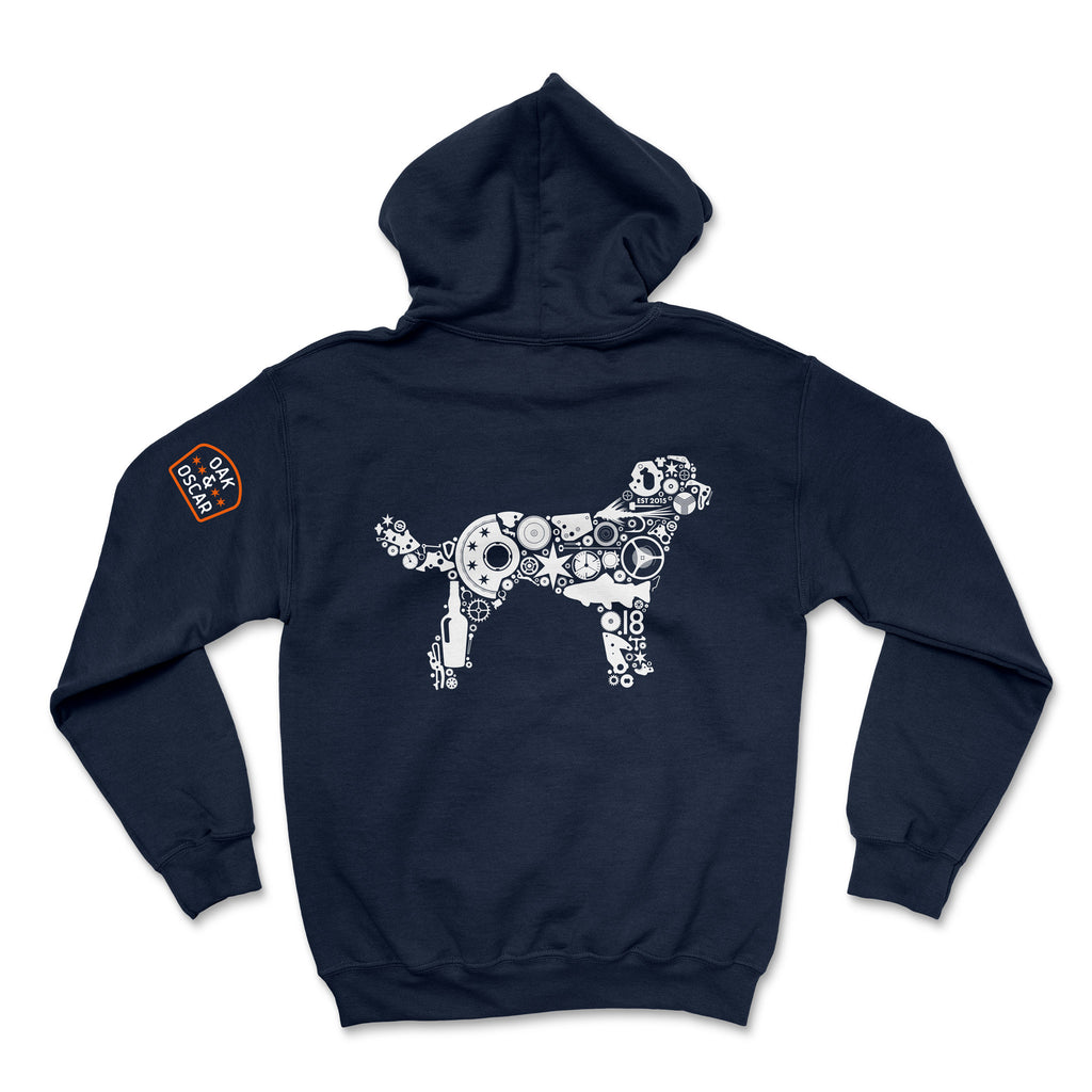 Navy blue hoodie with a white dog design on the back against a white background