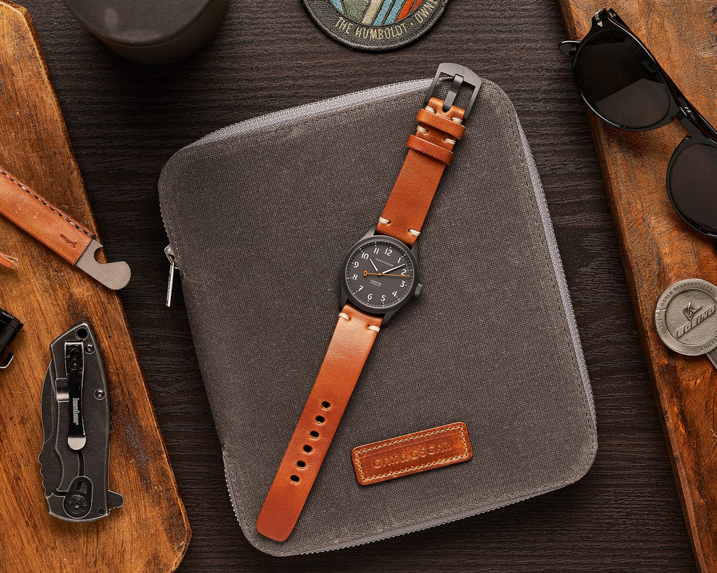 The Olmsted Matte designer watch by Oak & Oscar on a watch case