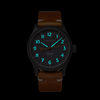 The Olsmsted Matte watch with a leather band glows in the dark